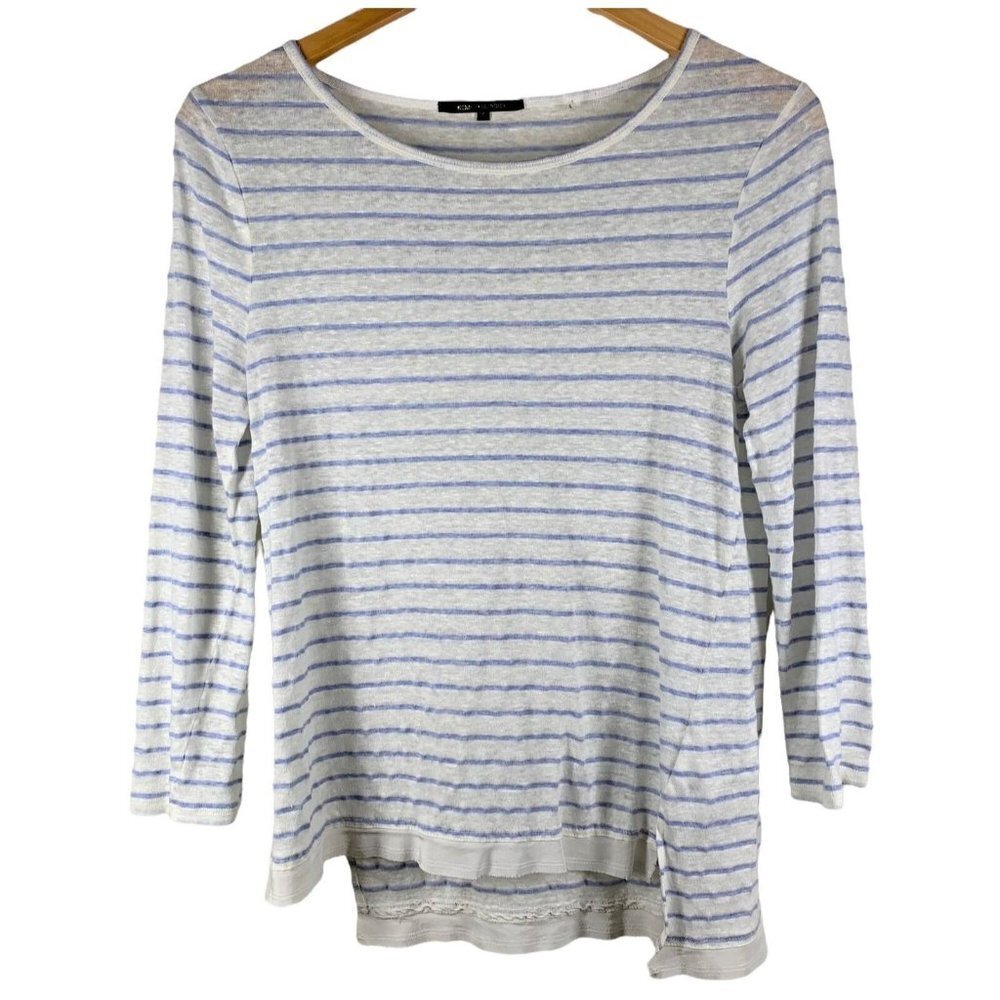 KOBI HALPERIN White and Blue Striped Linen Blend Knit Top Size Small Sweater